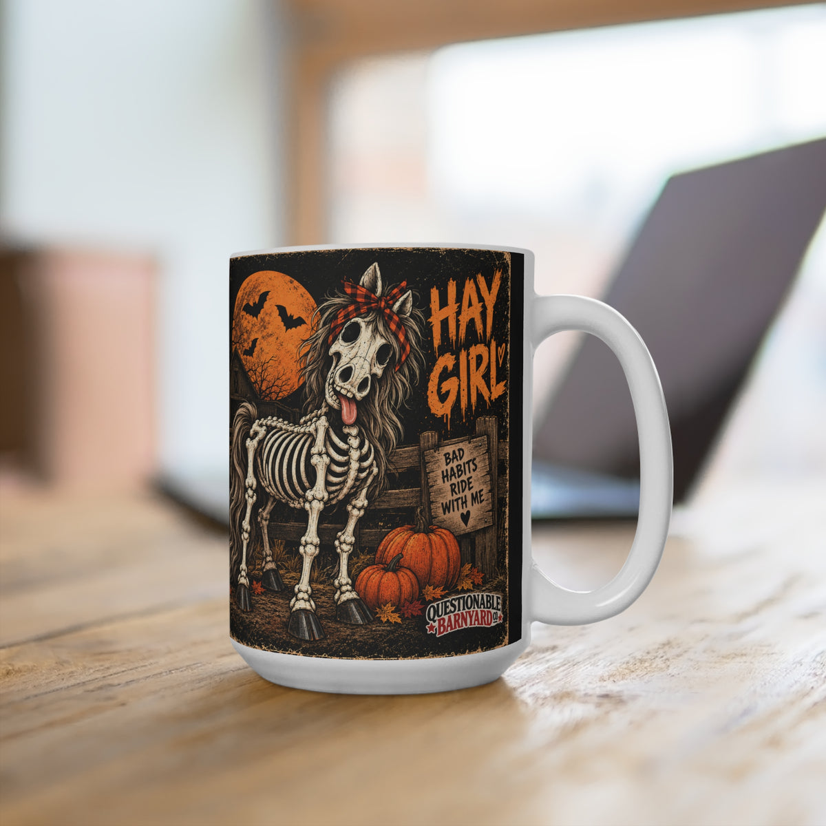 Hay Girl Skeleton Horse Halloween Mug – Funny Spooky Pumpkin Coffee Cup