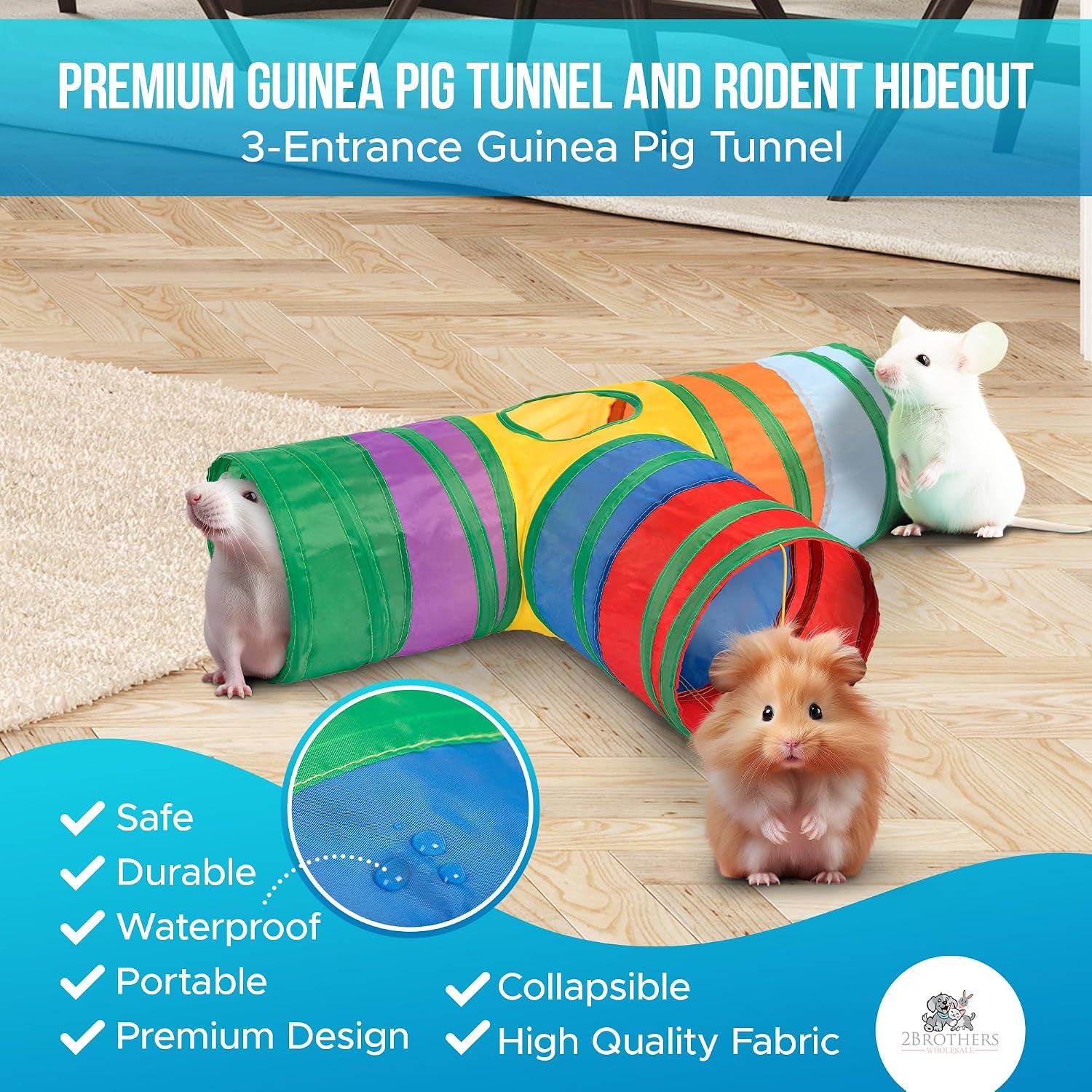 Tunnels with 3-Way Entrance - Cozy, Washable Guinea Pig Hideout - Interactive Cage Toys (Multicolor)